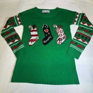 Ugly Christmas Sweater Green Naughty & Nice Stockings Sz L